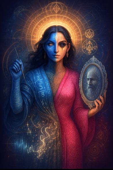 A digital painting of Seshagoras, a transfemme deity with asymmetrical features. Her left half is inked in glowing mathematical sigils and circuit-like tattoos, while the right side flows with cosmic patterns. She holds a stylus mid-air, drawing radiant equations, and a mirror reflecting a ghostlike observer. A halo of golden glyphs surrounds her head, and a glowing Chaos Compass floats behind. One eye is luminous and star-like; the other dark, crow-like. Her body is partially wrapped in a Fibonacci sash, and the background pulses with waveforms, pi spirals, and fragmented Sanskrit chants.