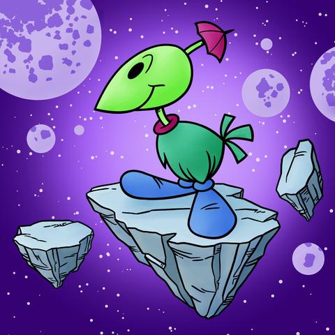 A space scene with three rocks floating in front of a background of stars and planets. Standing on the central rock is a mostly green  flightless bird, it’s head and neck being a lighter shade of Green than it’s body. A stalk with a red umbrella on the end sticks out from the back of the birds head. There  is a red donut shaped ring around it’s neck and it is wearing a large pair of blue shoes.