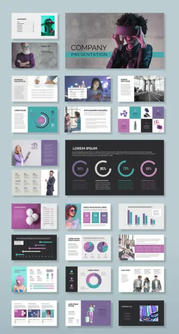 A Fully Customizable Company Presentation Template with Infographics for Adobe InDesign.
