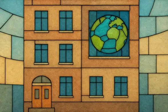 Stilisiertes Haus, in einem Fenster eine Weltkugel, Symbolbild Kategorie Privat & Persönlich; im Stil Glasmalerei