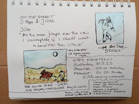 Two ink sketches, one of J-hope dancing, one of cows in paddy field under a crescent moon. Lots of text about lyrics, moon, cows, cinema, nursery rhymes
