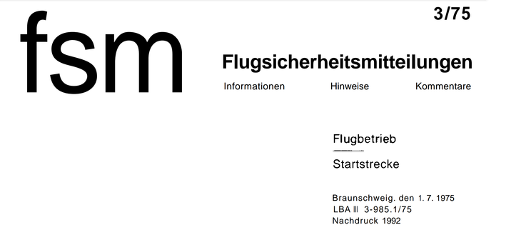 Title of the "Flugsicherheitsmitteilungen 3/75" (aviation safety notices) with the  subject "Startstrecke" (take-off distance); dated 1st July 1975, reference number LBA III 3-985.1/75.
