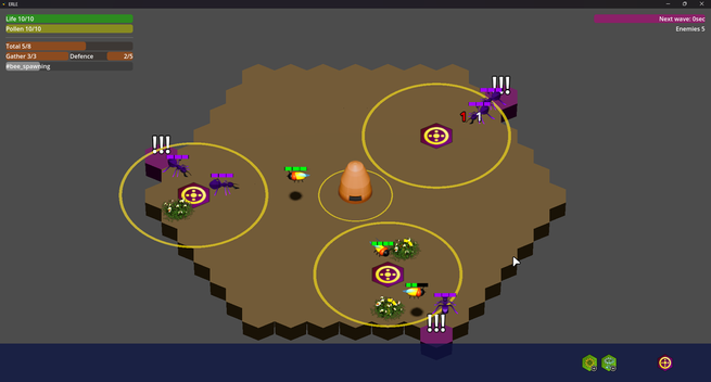 A screenshot of a work in progress game: it is a Tower Defense based on a hexagonal tiled map. You must protect your Hive by managing your bees. Ant enemies are shown spawning from edge of the map.