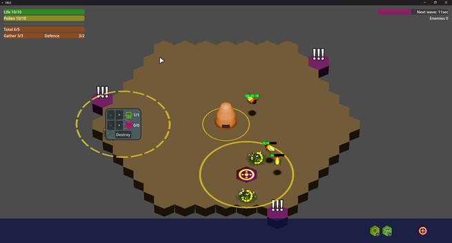 A screenshot of a work in progress game: it is a Tower Defense based on a hexagonal tiled map. You must protect your Hive by managing your bees. One zone is selected, showing some user interface display + and - button for "gather" and "defend" icons, used to control the bee behaviour.