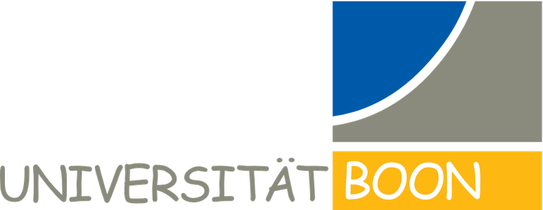Logo der Universität Bonn. Die Schriftart wurde durch Comic Sans ersetzt und es heisst Boon statt Bonn
Das Logo besteht aus einer rechteckigen Fläche rechts, welche Blau und Grau ist. Die trennung ist durch eine exponentiell steigende Funktion beschrieben.
Unten auf dem Logo ist der Schriftzug Universität Boon. Das Boon ist unter der rechteckigen Fläche und Gelb hinterlegt
