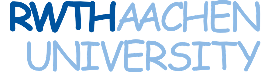 Logo derRWTH Aachen. Die Schriftart wurde durch Comic Sans ersetzt.
Das Logo besteht aus dem Schriftzug RWTH AACHEN UNIVERSITY. Das RWTH ist dick gedrcukt und dunkel blau, der rest ist dünn und Hellblau. Der Abstand zwischen den Buchstaben ist so angepasst, dass das WTH von RWTH und das AA von AACHEN sich berühren.
