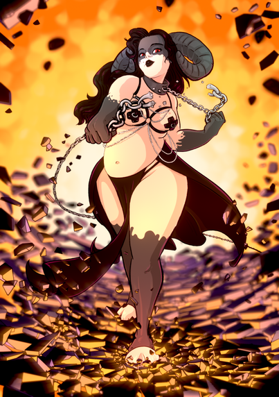 A horned femail breaking a chain attached to her leather collar as she steps forward over a shattering floor