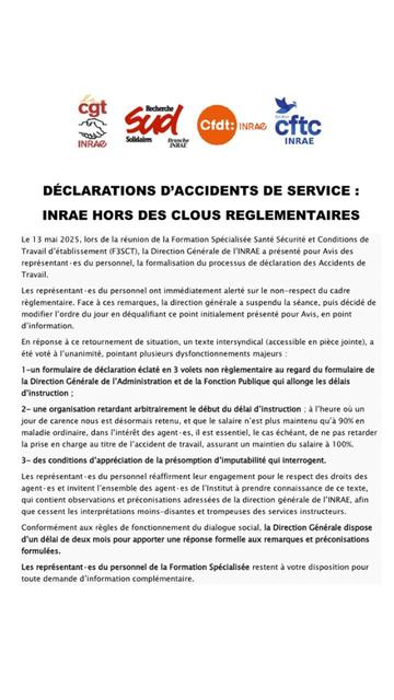 logos et texte du communiqué des 4 syndicats représentés à la F3SCT, adressé à tout le personnel de l'INRAE pour dénoncer le projet de la DG
( voir le détail dans le fichier en lien)
