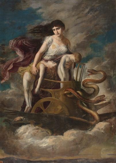 The witch Medea holds the corpses of her children as she stands in her magical snake-drawn chariot. Painting by Germán Hernández Amores.