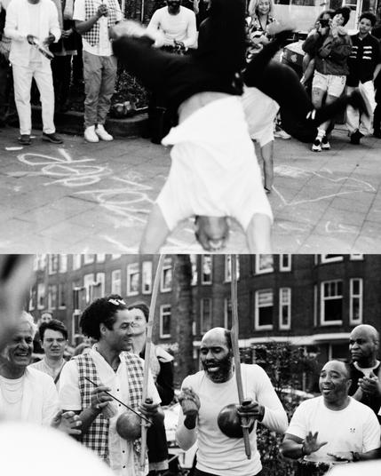 Two pictures on top of each other of capoeira dancers and musicians.