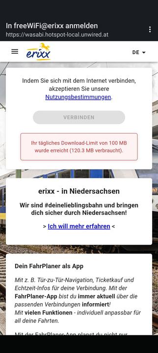 Screenshot vom anmeldebildschirm im erixx.
beim erixx haste 100MB WLAN Volumen und dann ist Schluss - wo leben die denn?