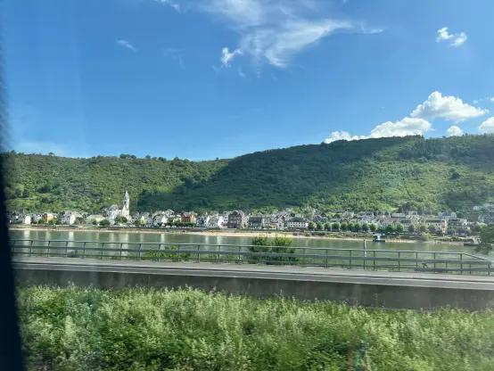 view across to a cute little town with old buildings across the Rhine