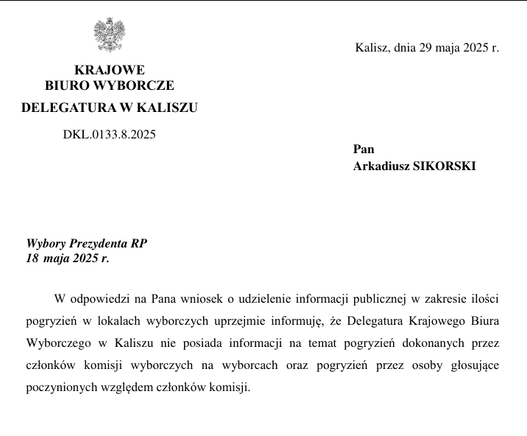 KRAJOWE
BIURO WYBORCZE
DELEGATURA W KALISZU
DKL.0133.8.2025

Wybory Prezydenta RP 18 maja 2025 r.
"W odpowiedzi na Pana wniosek o udzielenie informacji publicznej w zakresie ilości pogryzień w lokalach wyborczych uprzejmie informuję, że Delegatura Krajowego Biura Wyborczego w Kaliszu nie posiada informacji na temat pogryzień dokonanych przez członków komisji wyborczych na wyborcach oraz pogryzień przez osoby głosujące poczynionych względem członków komisji."