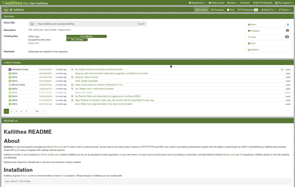 Image from Kallithea source repository, showing various commits in the last 3 months