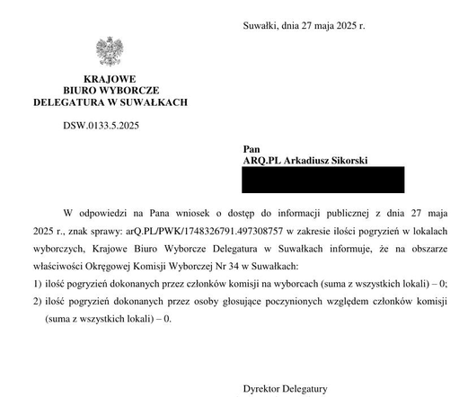 KRAJOWE BIURO WYBORCZE DELEGATURA W SUWAŁKACH DSW.0133.5.2025

"W odpowiedzi na Pana wniosek o dostęp do informacji publicznej z dnia 27 maja 2025 r., znak sprawy: arQ.PL/PWK/1748326791.497308757 w zakresie ilości pogryzień w lokalach wyborczych, Krajowe Biuro Wyborcze Delegatura w Suwałkach informuje, że na obszarze
właściwości Okręgowej Komisji Wyborczej Nr 34 w Suwałkach:
1) ilość pogryzień dokonanych przez członków komisji na wyborcach (suma z wszystkich lokali) – 0;
2) ilość pogryzień dokonanych przez osoby głosujące poczynionych względem członków komisji
(suma z wszystkich lokali) – 0."