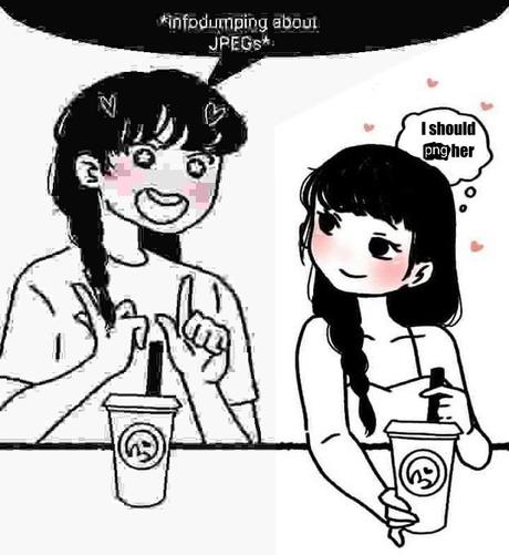 A girl is infodumping to another. The first has a speech bubble which says "infodumping about JPEGs*. They also have lots of JPEG compression artifacts all over them. The second is looking at her and yearning "I should PNG her". The second girl does not have any compression artifacts