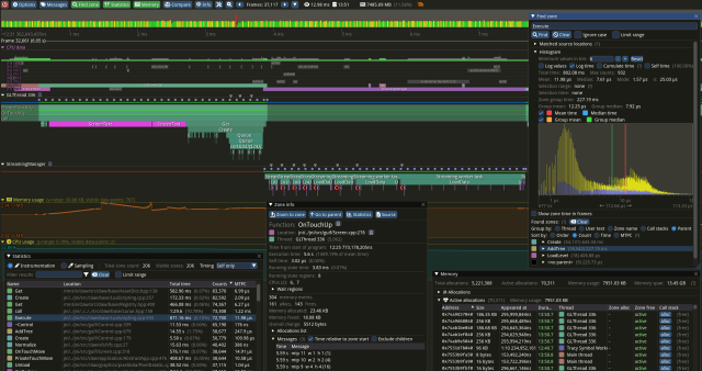 🕶️ A view of its UI (on a dark theme) with its menus at the top in the form of buttons and a few indicators, and on the rest of the screen a timeline over a few ms, the operating chronology of the processor threads, below the details of the operation of thread 336, below and to the sides tables and curves describing the processes in progress.

📚️ A libre, multi-platform real-time profiler for game development, with nanosecond resolution, remote telemetry, hybrid pre-sampling and framing. By integrating calls to the library in the source code of an application, developers can measure the performance of their code and detect sources of slowdown, with a view to optimizing speed and fluidity. It supports CPU and GPU profiling, memory allocation, locks, context switching, automatic assignment of screenshots to captured images, and much more.