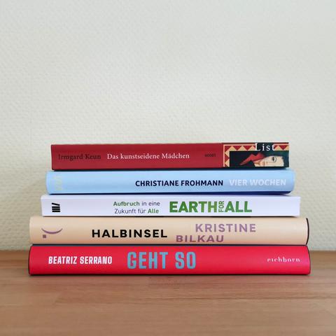 Auf dem Foto sind fünf Bücher auf einem Stapel vor einer zartgelben Wand auf einer hellen Holzfläche abgebildet. Die Bücher werden in der Caption aufgelistet.