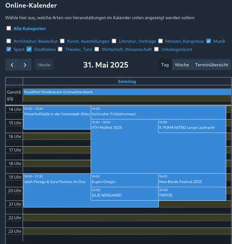 Screenshot einer Webseite mit Kalender-Komponente, die mehrere Events anzeigt. Darüber eine Reihe von Checkboxen, mit denen man auswählen kann, was für Event-Kategorien angezeigt werden sollen.