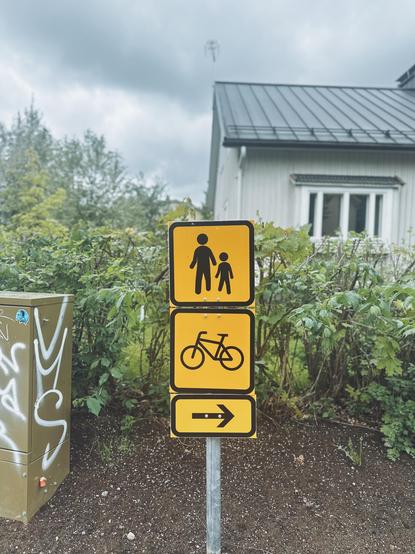 Walk and cycling road signs, cloudy sky