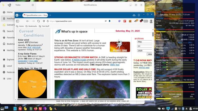 Old HP laptop running MX Linux.  Vivaldi browser in the foreground and Tuba in the background.  Conky running and showing stats on the right side of the screen.