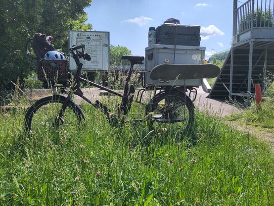 Un vélo cargo bordeau avec une caisse grise a l'arrière sur laquelle sont posées deux boites d'outils et un skateboard fixé sur le côté. Un panier à l'avant contient un sac et le casque. Le vélo est garé dans l'herbe haute devant un skatepark.