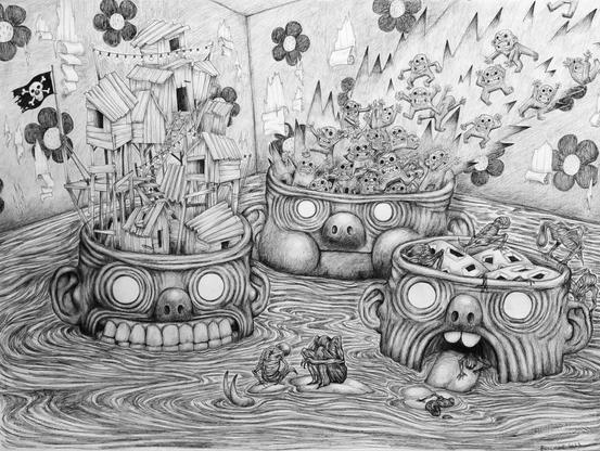 Image du dessin. On peut voir les 3 têtes émergées. À gauche la tête-cabanes-pirate. Au milieu la tête-lutin-rage-de-feu. À droite la tête trous-tristes-chimères-visqueuses. Les têtes ont les yeux blancs et lumineux.