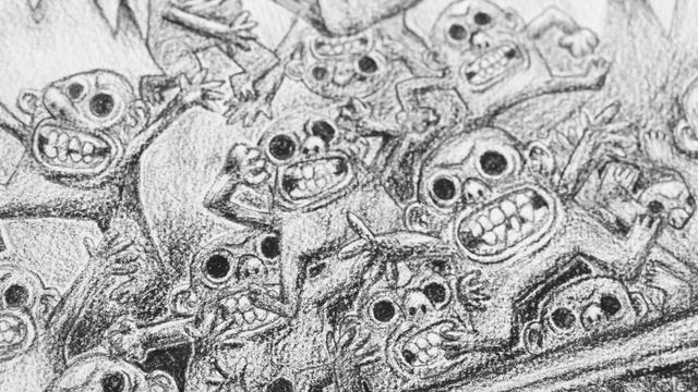 Gros plan sur les lutins enragés. Leurs yeux sont noirs. Iels grincent des dents et serrent leurs poings.