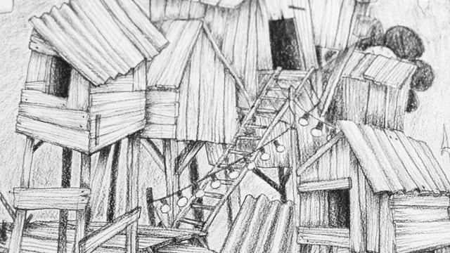 Gros plan sur les cabanes. Elles sont en tôles et en bois. Une guirlande et une échelle passent au milieu.