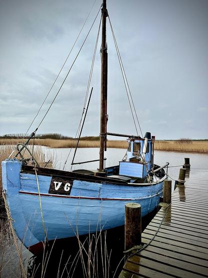 Blue wooden sailboat with the lettering "V6" docked at a wooden pier, featuring a tall mast with rust and support rigging. Dry brown grass and cloudy skies are visible in the background.