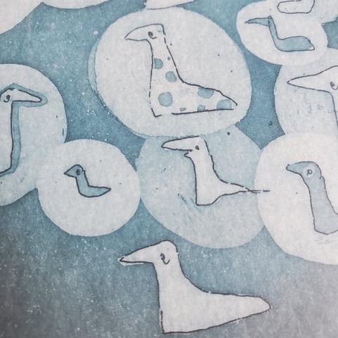 Détail de la gravure sur quelques oiseaux chaussette, un est blanc à pois bleus, un autre a l'air de rire