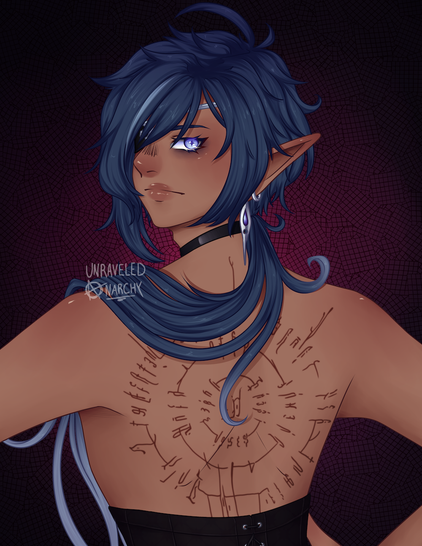 A dark skinned elven man with his back facing the viewer and his head turned back. He has a long blue ponytail draped over his shoulders, and a strange scar on his back. He wears an eyepatch.