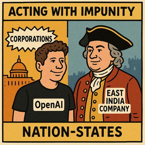 An illustration depicting a man in a black shirt labeled "OpenAI" next to a historical figure in an 18th-century outfit marked "EAST INDIA COMPANY." The background features a government building, with the text "ACTING WITH IMPUNITY"