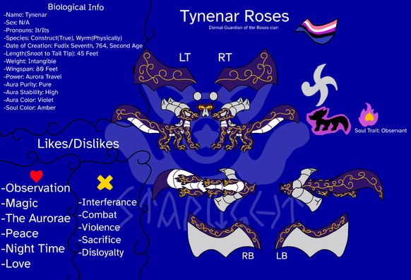 A deep purple, 6 legged wyrm who has golden spirals on its scales and silver eyes with white underbelly scales.