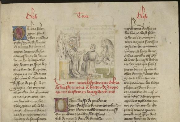 First page of the manuscript, written in three columns with headings in red and two decorated initials. At the top of the center column is a miniature of (I’m guessing) a knight and his horse kneeling before a king on a throne.