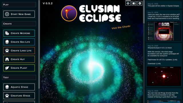 The title screen of Elysian Eclipse. A bar on the right side shows a list of developer posts, including their date.
