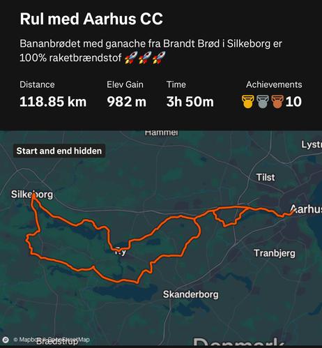 Kort over dagens rullertur med Aarhus Cycling Collective.

Turen var på små 119 km og med næsten 1.000 højdemeter. Det tog 3 timer og 50 minutter effektivt.

Jeg har skrevet en kommentar til turen: “Bananbrødet med ganache fra Brandt Brød i Silkeborg er 100% raketbrændstof”.