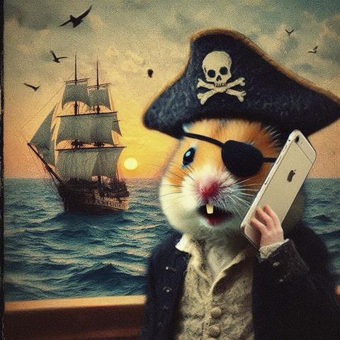 KI-Bild (DALL•E3):

Hamster Holly im schicken Piraten-Outfit an Deck. Er hält sich ein Smartphone ans Ohr. Das Telefonat mit Meeps dauert noch etwas. Im Hintergrund Sonne und Wolken und das zweite Piratenschiff.
