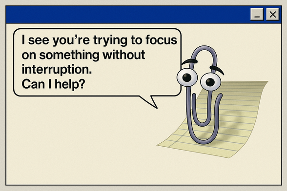 Clippy appears in a Windows 95 pop-up saying, “I see you’re trying to focus on something without interruption. Can I help?” in retro pixelated style.