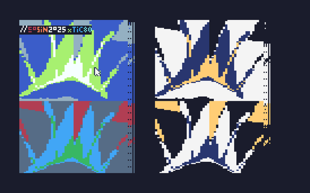 A screenshot of a pixel glitching from the leftover memory bank of the demo Nullius In Verba by Quadtrip, with a small pixelart logo of CoSin 2025 x TIC80 overlaid.