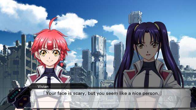 Screenshot from Super Robot Wars V. Vivian from Cross Ange says "Your face is scary, but you seem like a nice person" to ECOAS pilot Daguza from Gundam Unicorn.