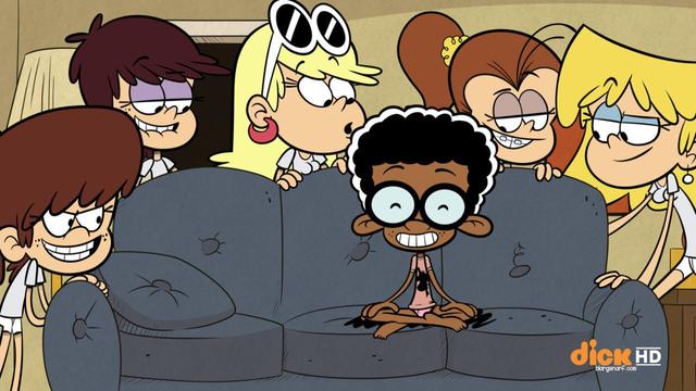 parody of the so called 'Piper Perri surrounded meme' with characters from the animated sitcom 'The Loud House'

In this parody, Clyde (a young, black boy) is sitting on a sofa smiling while five of the Loud sisters (all white) are standing behind and looking sexually aroused by him