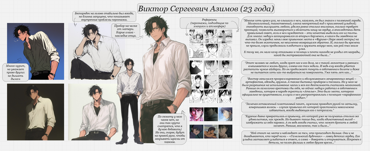 Дизайн оригинального персонажа: высокий мужчина с копной непослушных волос цвета вороньего крыла и карими глазами. Одет в белую рубаху и черные брюки.