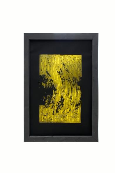 The image shows a rectangular frame with an abstract composition that  appears to be a monotype or etching, with rough, expressive textures and gestural marks. The main color is a muted, dusty yellow set against a dark, nearly black background. The yellow pigment appears applied in a sweeping motion, leaving patches of the darker surface exposed, creating a sense of depth and motion.

The overall mood is intense and dynamic, with the swirling pattern suggesting turbulence or energy, while the dark background adds contrast and visual weight.