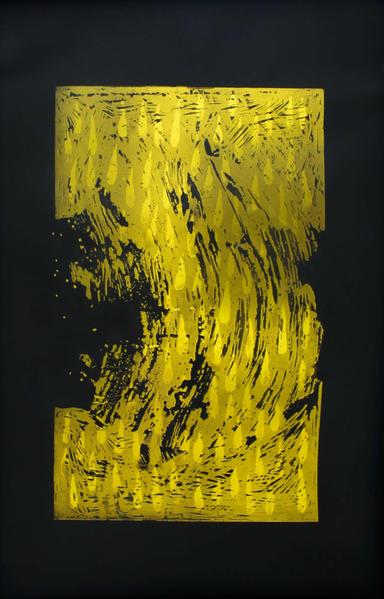 The image shows a rectangular frame with an abstract composition that  appears to be a monotype or etching, with rough, expressive textures and gestural marks. The main color is a muted, dusty yellow set against a dark, nearly black background. The yellow pigment appears applied in a sweeping motion, leaving patches of the darker surface exposed, creating a sense of depth and motion.

The overall mood is intense and dynamic, with the swirling pattern suggesting turbulence or energy, while the dark background adds contrast and visual weight.