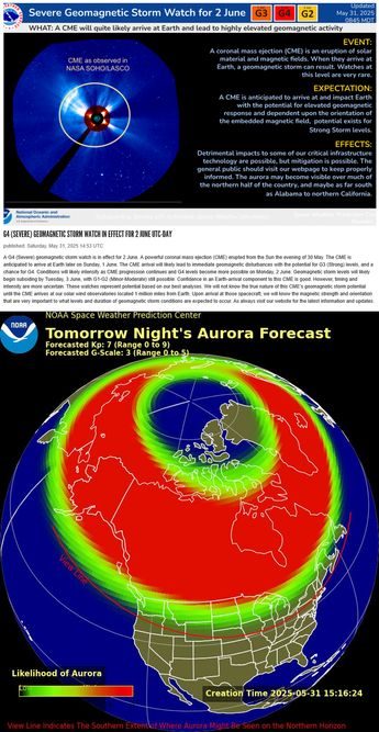1. Notice from SWPC about the solar CME event.
2. Map of aurora forecast for N America.