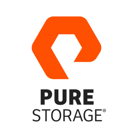 The Pure Storage logo - an orange hexagon as if drawn with a very thick line, with soft corners, and with a break in the lower-right, as if that side had been shortened but leaving the bottom each horizontal. The effect is like a very fat P.