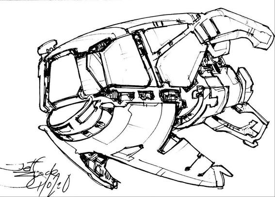 Black and white line art sketch of an imaginative sci fi spaceship. Each one is very different.