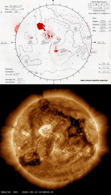 1. Map of the earth-facing Sun (Solar Synoptic Map) with active regions marked and named
2. Image of the Sun from the NASA SDO spacecraft around the time of the eruption