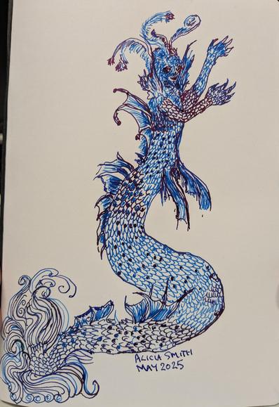 Merperson with elaborate fins and feelers in blue and shiny purple.